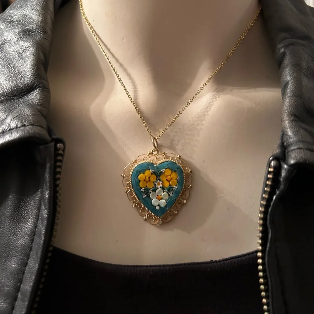 Vintage Micro-Mosaic Heart Pendant Necklace